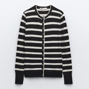 🍁 Zara Striped Black and Cream Cardigan with Gold Buttons - Size M